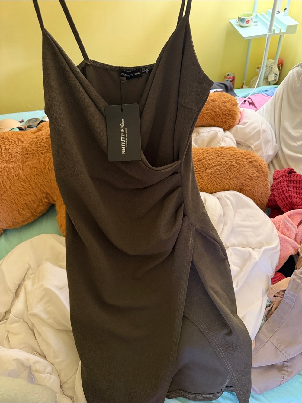 PrettyLittleThing Dark Olive Cowl Midi Slip Dress